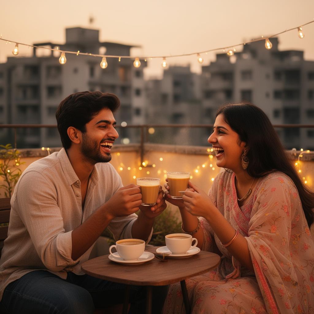 Friends sharing chai on a society rooftop